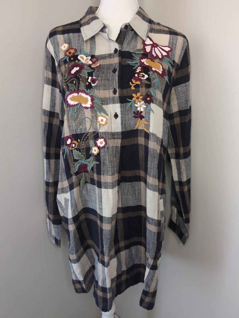 Kyla Seo Anthropologie embroidered floral plaid tunic shirt dress M
